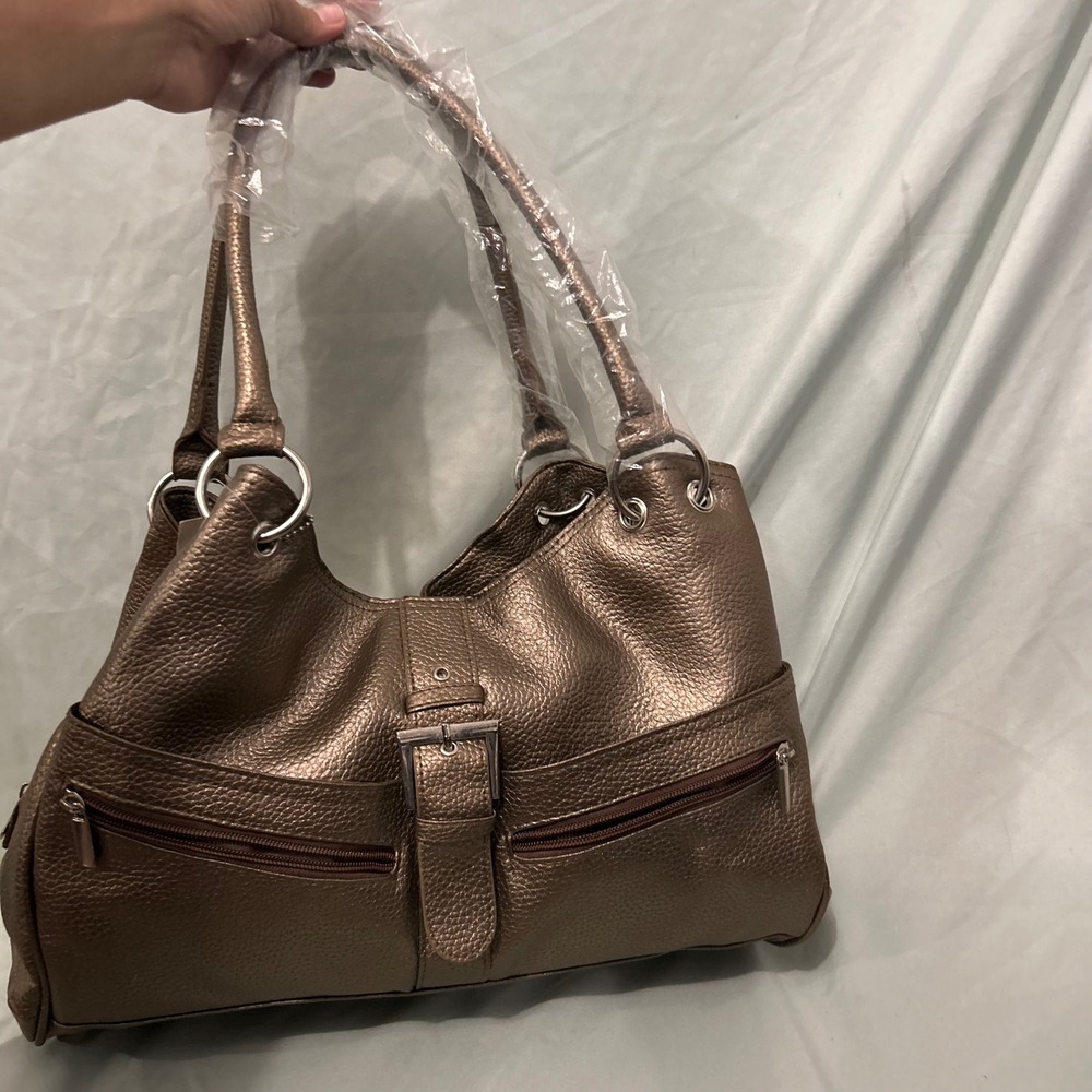 D'margeaux Metallic Bronze Pebbled Genuine Leather Shoulder Bag NWT